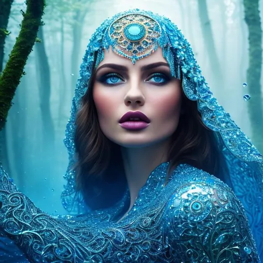 Prompt: (((Ultra beautiful Ukrainian girl))), ((((bikini)))), (((full figure))), Photo realistic, dark fantasy, sensual, blue eyes,  tree line, brazier, mists, detailed beauty face, detailed beauty eyes,  blond hair, surreal beauty, soft light, (((((long shot))))), UHD, 8k, high quality, oil painting, hyper realism, 