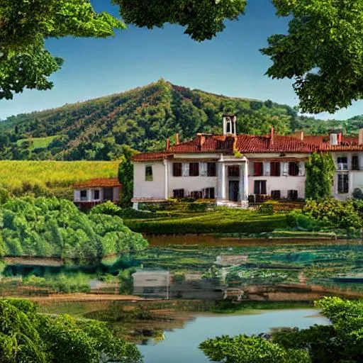 Prompt: A bay. Lots of trees. A Mansion on a hill. The sun shines. Basque atmosphere. Photorealistic. 