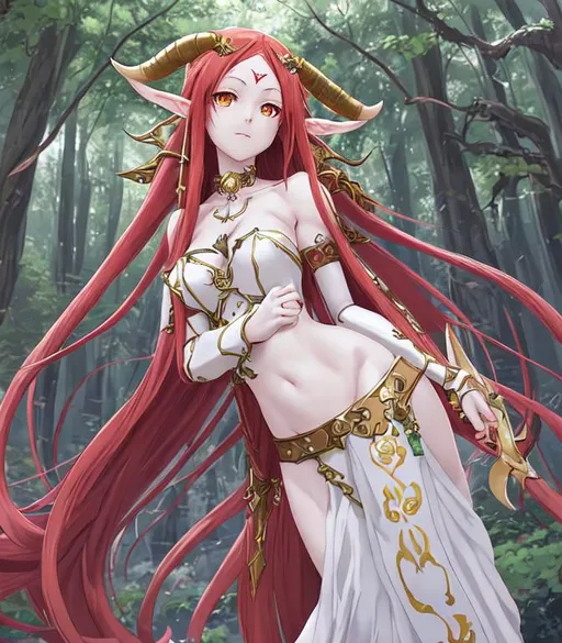 Prompt: A gorgeous anime girl,  very detailed, joyfull, very white pearl skin, long messy red hair, green pupils, digital art like sword art online, 2 big long red horns on forehead going to the back of the head, very detailed, clothes, bedlah with gold jewelry, very detailed, elf ears, in a magic forest, very detailed, bright vibrant colors, full body, delicate, 15
