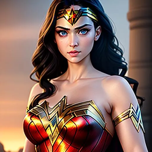 Prompt: (((MASTERPIECE))), (((full body))), ((beautiful realistic hazel eyes)), ((detailed eyes)), ((hyper quality)), refined rendering, extremely detailed CG unity 8k wallpaper, highly detailed, (super fine illustration), highres, (ultra-detailed), detailed face, perfect face, WONDER WOMAN, ((hyper detailed eyes)) (((extremely beautiful))), stunning art, best aesthetic, twitter artist, amazing, high resolution, fine fabric emphasis, UHD, 