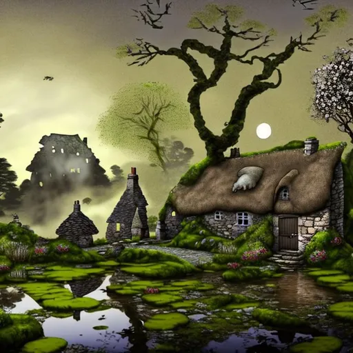 Prompt: rough stone cottage, aged coarse thatched roof, moss growing on crumbling stone walls, roof aging and coming apart in places, pond with fish jumping flowers all around, forest surrounding, muddy path leading to cottage chimney made of stone has smoke coming from it, Moon in sky above shining through the trees, a cat lays by the pond watching the fish, in the style of Thomas Kincaid 