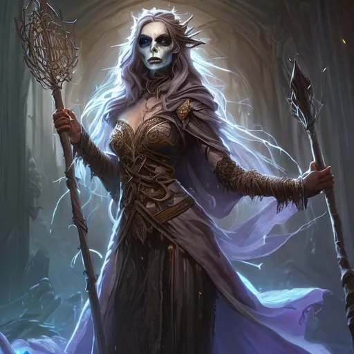 Prompt: Full body splash art portrait of a female undead sorceress casting a spell, very long light brown hair, wearing long light-colored iridescent robe, carrying a wooden staff, D&D, fantasy, intricate, highly detailed, sharp focus, digital painting, artstation, concept art, 4k, 8k