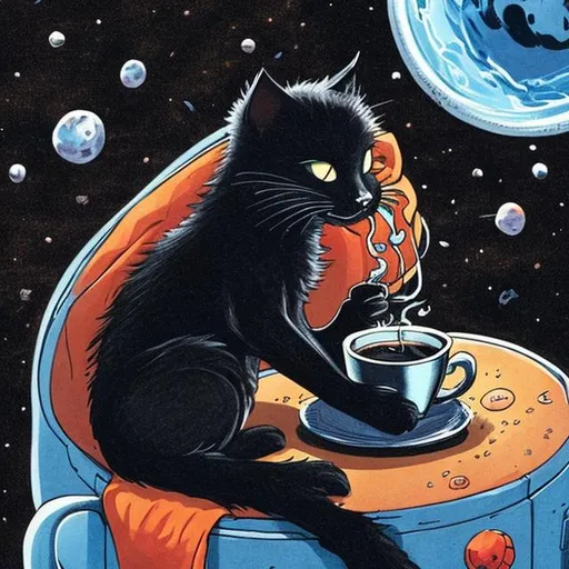 Prompt: A black cat drinking a cup of coffee in space