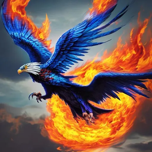 Prompt: Blue phoenix flying upwards from a flaming nest 