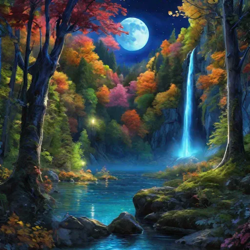 Prompt: professional oil painting, landscape masterpiece, enchanted woods, fantasy, magical waterfall, crystal lake, lakeside view, blue moon, navy night sky, surreal scenery, peaceful, beautiful, glowing fireflies, UHD, 64k, unreal engine, high octane render, high quality, best quality, professional, absurd resolution, vivid colors, neon colors, highly detailed, intricate detail, sharp focus