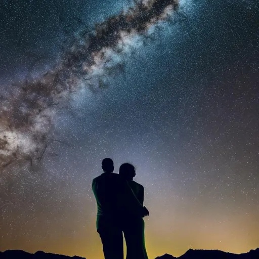 Prompt: a hugging man and his wife standing at top of the tall ever green mountain in night full of stars

