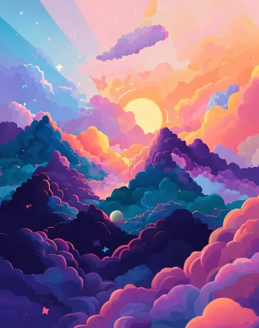 Prompt: violet, pink , teal artwork, clouds, square art, with sun, moon, stars, healing, mountain, with big waves, space painting, cotton candy, cartoon