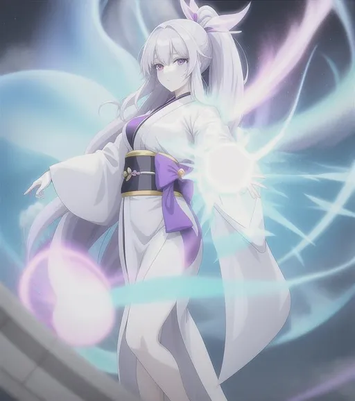 Prompt: anime woman pale white skin in white kimono with purple trim, purple sash, straight long white hair with black bows in hair, ice queen, she has ice powers casting ice spell