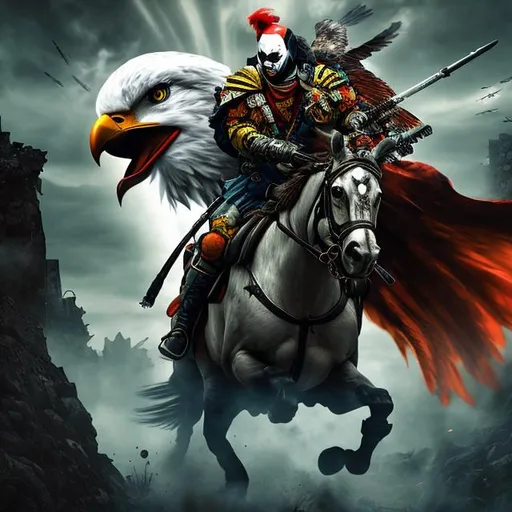 Prompt: psychotic clown ninja cyborg riding an eagle, hyperrealistic, dystopic, war, explosions, alien invasion, dark, gritty, battlefield, battle scene, gory