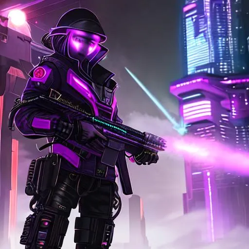 Prompt: Cyber punk engineer holding a weapon that shoots plasma, standing in front of a futuristic cityscape, covered in a deep purple mist, photorealistic