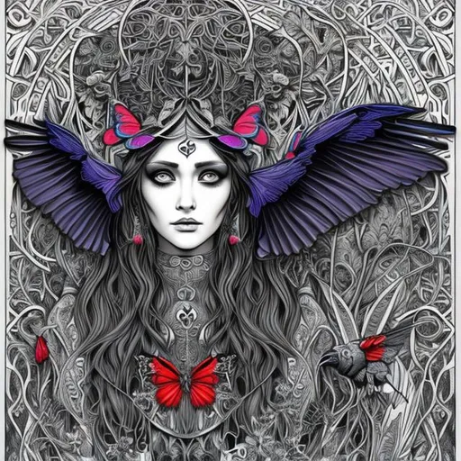 Prompt: ultra realistic coloring page with raven face goddess of death surrounded by dark blue and red butterfly's in art nouveau plus digital art style

