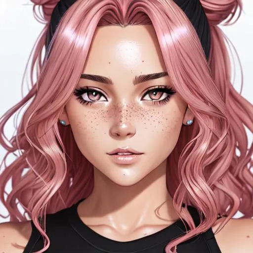 Prompt: extremely realistic, hyperdetailed, pink wavy hair in a messy bun anime tomboy, face full of freckles, toned body, showing midriff, highly detailed face, highly detailed eyes, highly detailed body, full body, whole body visible, full character visible, soft lighting, high definition, ultra realistic, 2D drawing, 8K, digital art