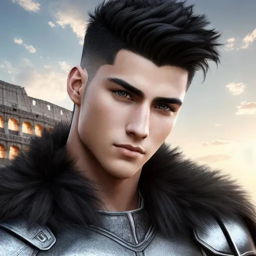 Prompt: Photo realistic portrait of a young adult male warrior, with jet black fade-style hair and, detailed eyes, in a coliseum 