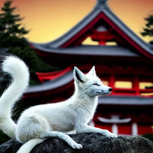 Prompt: Photorealistic, skinny, white fox with long ears and red on the tips, red and glowing eyes, the tail is very long and fluffy with a red tip, only four legs with red feet. Standing on a grey rock, in front of a big, photorealistic, red japanese temple with green roof, and tall, green pine trees behind, dim light in the sky and photorealistic hanging lanterns in the foreground