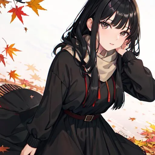 Prompt: Headshot, Black hair, black eyes, 19 y.o (Girl) wear a autumn dress with syal, background outside with a autumn vibes