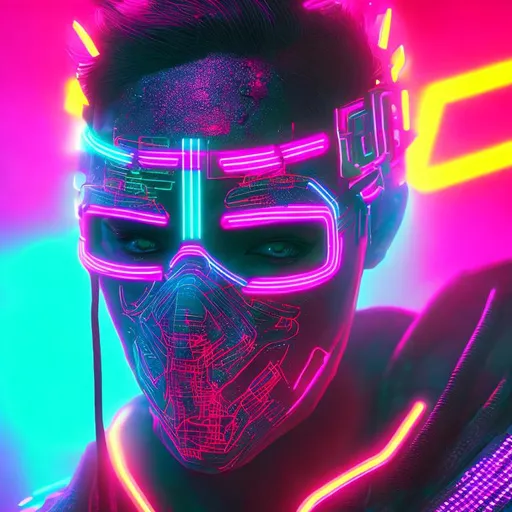 Prompt: Quality, 8k, detailed, close up, face only, rave mask, neon background, cyberpunk, painted masterpiece, cinematic lighting