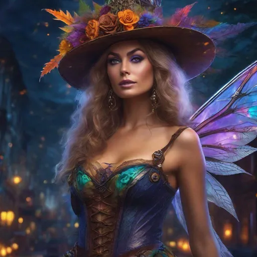 Prompt: Cinematic. Dynamic. Shes a beautiful, ((colorful)), Steam Punk, cannabis, witch. (spectacular), Winged fairy, with a skimpy, ((colorful)), sheer, flowing outfit, on a Halloween night. ((Wide angle)). Detailed Illustration. 8k.4k. Full body in shot. Hyper realistic painting. Hyper real photo. A ((beautiful)), shapely, woman with, {{{{anatomically real hands}}}}, and ((vivid)) colorful, ((bright)) eyes. Sony a7 IV. ((Thea tool box Render)). Concept art