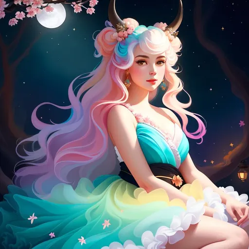 Prompt: painting of a beautiful girl, style of Fragonard, Pixar, Bob Ross, (messy hair), arms showing, legs showing, dusk, midnight, ((night sky)), sakura, peach, teal, black, bioluminescent, veils, (wearing intricate kimono), (white stag horns),  (fluffy white wolf ears), stars, ((yggdrasil in the background)), glowing, river, stream, lanterns, world tree, night sky, delicate, soft, silk, threads, ethereal, nebula, galaxy, luminous, ribbons, 3D lighting, soft light