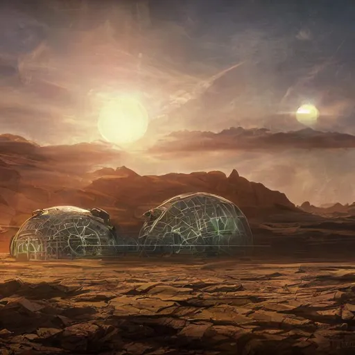 Prompt: futuristic outpost on a desert planet with large spherical greenhouses,  elysium, warm saturated colours, atmospheric perspective, dramatic sunset, volumetric light scattering, dustlight, god rays, dust