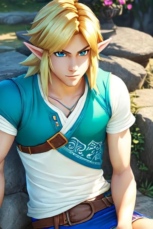 Prompt: Link from Legend of Zelda: Skyward Sword, sitting, hyper realistic masterpiece, full body, 20 years old handsome, pretty, pastel eyes , blonde hair, hyperrealistic masterpiece, smooth soft, elf ears, hylian. lean body, lean build, happy trail, stomach trail, hair in pits, hair on arms. {very hairy legs} {blonde leg hair} happy trail, wearing shorts and brown boots.