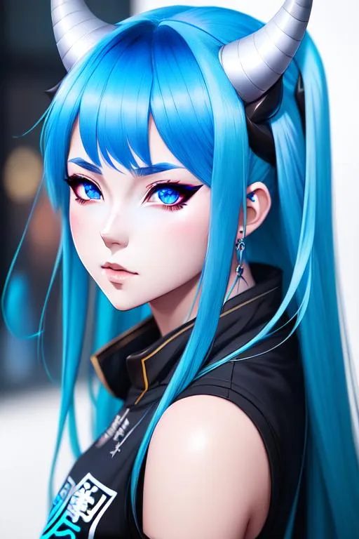 Prompt: a drawing of a girl 18 years, with horns, and blue hair, delicate anime face, oni makeup, krenz cushart, adventurecore, fantasy art, manhua, ray tracing reflections, streetwear outfit
