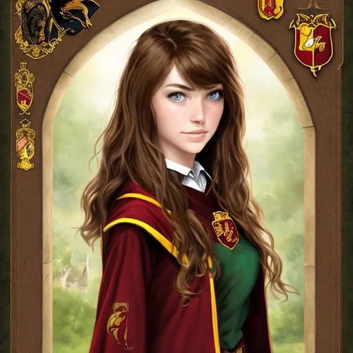 Prompt: brown-haired, green-eyed woman as a Gryffindor student at Hogwarts