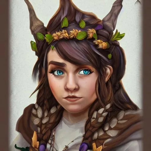 Prompt: Detailed portrait of DND5e  female gnome druid with brown hair, twigs in her hair,  drawn with artstation realism