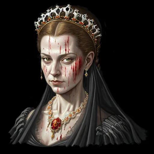 Prompt: 
grim digital art portrait profile of a young regal renaissance duchess with a (sneer), splashed with blood, in a  sheer dress, wearing a modest crown and an elegant jewel necklace, by larry elmore, by justin gerard, solid transparent background, post apocalyptic