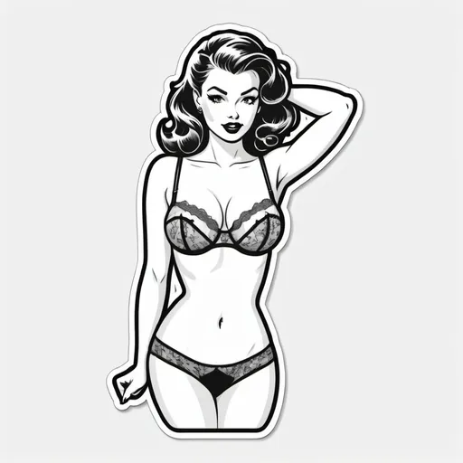 Prompt: Sticker, pinup girl transparent underwear, upper body, Noir, Contour, Vector, white Background, Detailed