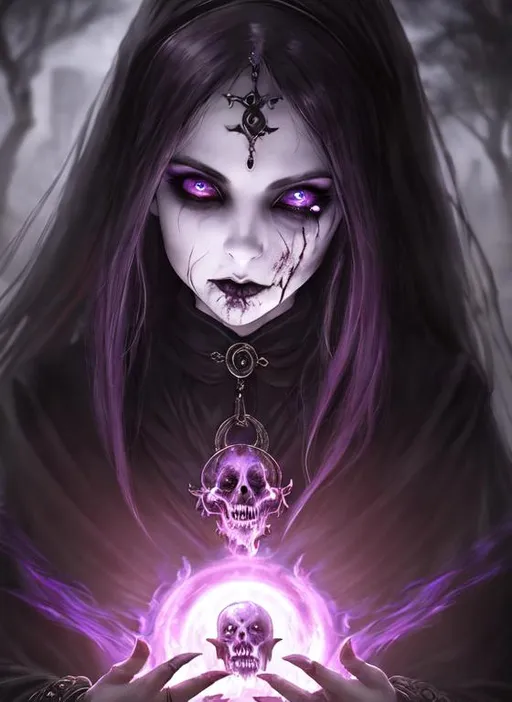 Prompt: A female necromancer summoning a zombie, epic, dark fantasy, pose, 8k, vibrant, high detail, cinematic, gritty, ghost, magic, soul, cute, soul steal, soul extraction, horror,  two people, magic whisps, spirit, gastly, battle, fight,  perfect face, realistic face, high quality, ethereal 