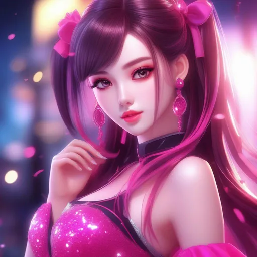 Prompt: 3d anime woman hot pink long pigtails hair and hot pink dress hot pink glitter and beautiful pretty art 4k full HD