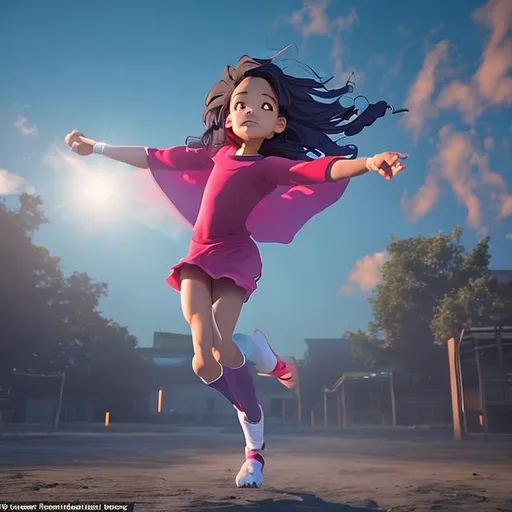 Prompt: Pose: The girl can be shown in a dynamic flying pose, with her arms outstretched and her cape billowing in the wind. This conveys a sense of power and movement.
