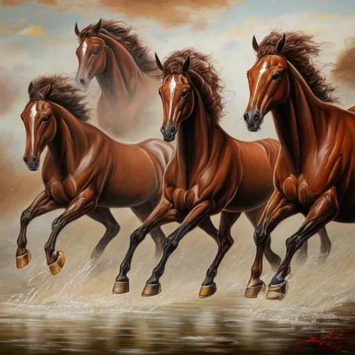 Prompt: canvas paintings of Seven brown and dark-colored forward running horses in impressive, positive, attractive, and, energetic stride