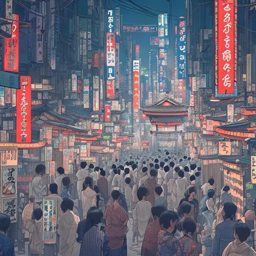 Prompt: (Hyper realistic)A breath taking view of a Shinto shrine in the middle of cyberpunk city crowded with devotees 

