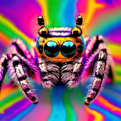 Prompt: Jumping spider in the style of Lisa frank