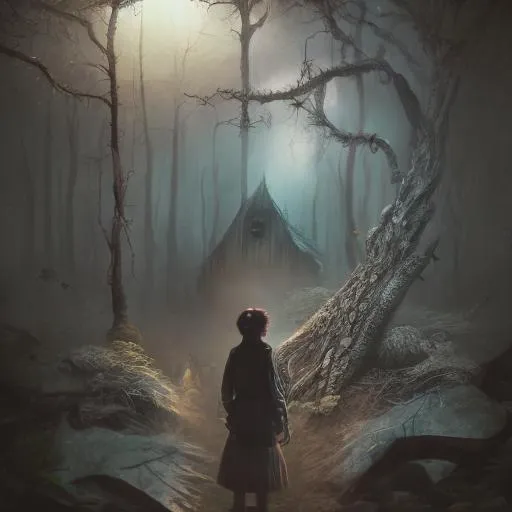 Prompt: digital art style ,hänsel und gretel, dark fantasy horror-book cover, in foggy forest,hut out of candys in background, dark fantasy, high details, hyperrealistic

