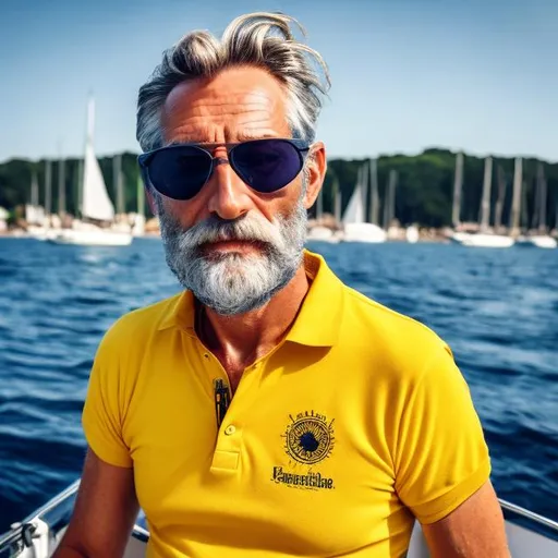 Prompt: photo of a confident, healthy, German, 45 year old, haired, grey bearded sailor looking magical and handsome wearing a yellow polo shirt and sun glasses
while pulling the anchor on a raceboat.



