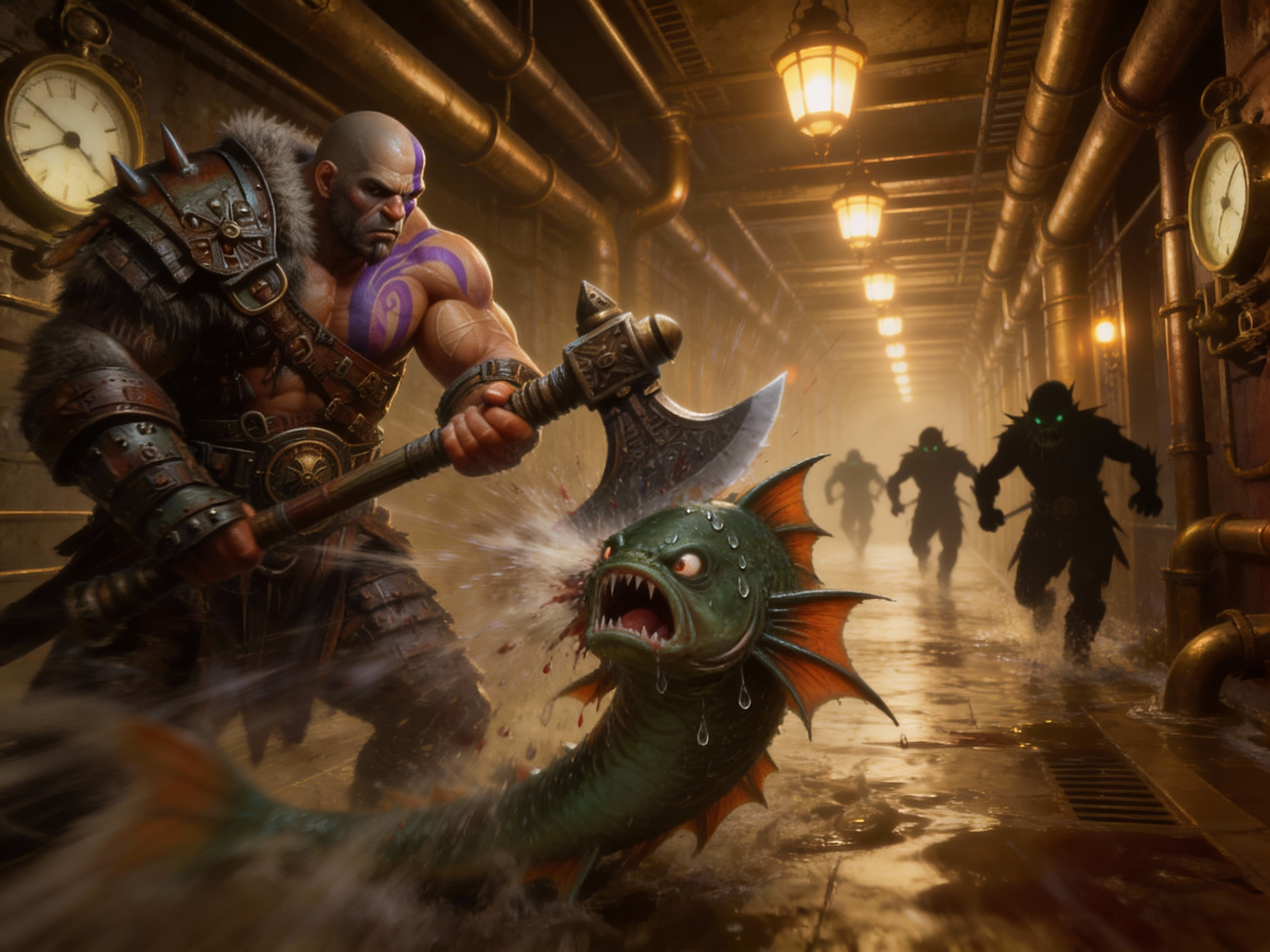 Prompt: Blurred motion as Character 1 brutally slams his axe into the chest of character 2, staggering it as it thrusts its spear. Several copies of character 2 charge in the background. In a flooding bronze steampunk corridor.