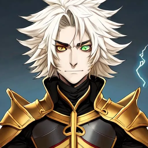 Prompt: E, a dragoon with an answer to everything, smirks a bit, as he remarks and answers. He fluctuates. The hair, from a blonde, black, brown, and red. His armored skin the same colors. His eyes, blue and green are added to the colors for the eyes, no red. Defined himself, by God and for God, existence itself even, and to Himself, for himself, to a tea. His is the letter. And to this letter the essence of everything. He makes sure of everything. 