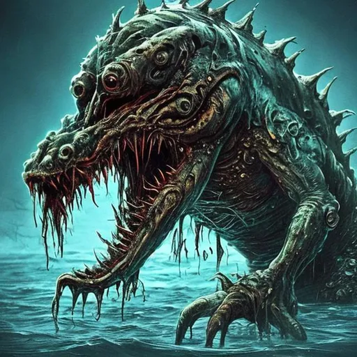 Prompt: Sea monster, mutation, demonic, sea, horror, disfigured, warped, deformed, rotting, angry, disgusting