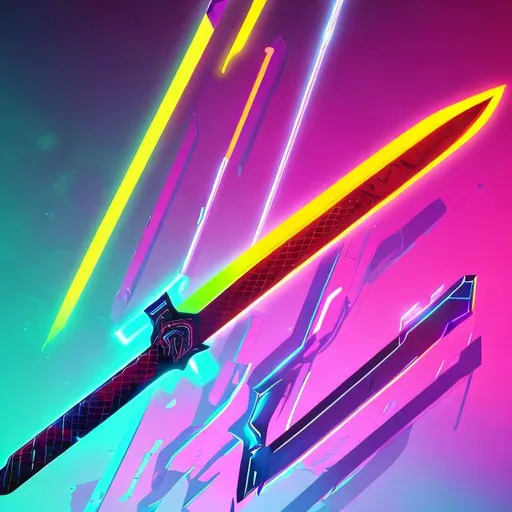 Prompt: the sword written in a bold, futuristic font, with vibrant neon colors reflecting off the surfaces.