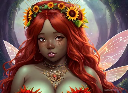 Prompt: cute red haired brown skin plus size fairy, large chest, freckles, flowing strappy dress, sunflower crown, fortune teller, large eyes, fairy wings on back celestial, dreamscape, ethereal, pastel, lighting, detailed, realistic, futuristic, sci-fi