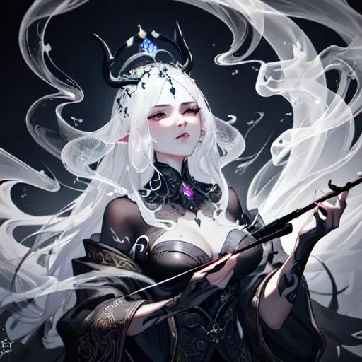 Prompt: intricate calligraphy smoke ink, witch summoning a crown out of smoke to hover above her head, beautiful Queen of smoke portrait, dripping black gold paint, smoke engulfing the surroundings in eerie tendrils, stylized fantasy art by WLOP, artgerm, peter mohrbacher, trending on artstation