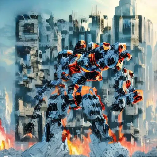 Prompt: masterpiece, best quality, mecha, no humans, black armor, blue eyes, science fiction, fire, laser canon beam, war, conflict, destroyed city background