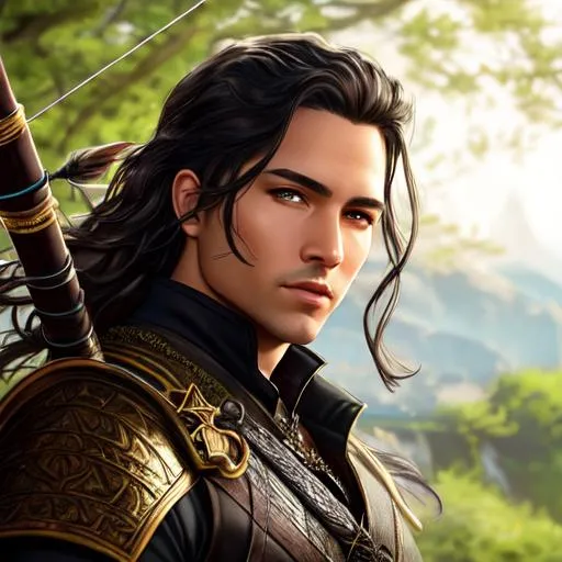 Prompt: UHD, 8k, high quality, realistic, hyper realism, Very detailed, fantasy, D&D 5e, rpg, oil painting, zoomed out view of character, full body of character is seen, perfect face, high detailed face, Envision Abel, the silent and deadly archer, positioned for a perfect shot.