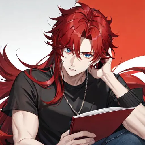 Prompt: Zerif 1male (Red side-swept hair covering his right eye) reading, wearing a black shirt, wearing denim pants, UHD, 8K, highly detailed
