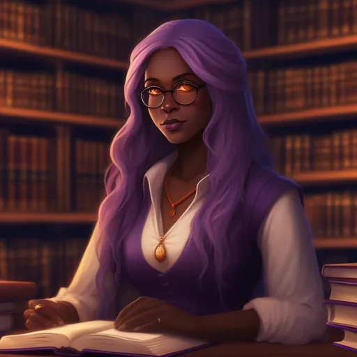 Prompt: mature female, realistic, long purple hair, dark skin, orange eyes, stern, glasses, library, nighttime, warm colors, librarian, medieval, high definition, professional