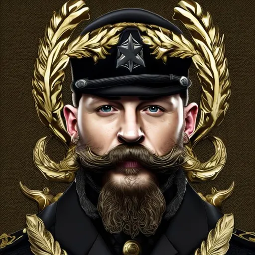 Prompt: tom hardy, walrus moustache, military general, black and gold, gold laurel wreath