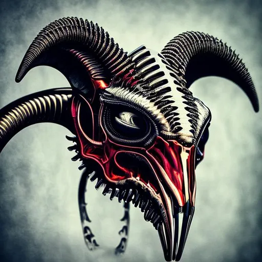 Prompt: create an air brushed picture of a hyper realistic ultra detailed photograph of a beautiful biomechanical goat skull, huge horns, long goatee, red eyes, chrome, metal, H. R. Giger art style, monochrome, industrial, biomechanical, chrome, H. R. Giger inspired, goat skull, highly detailed, 8K, UHD, exquisite detail, dirty, dark heavy metal, evil, dark background, monochrome,