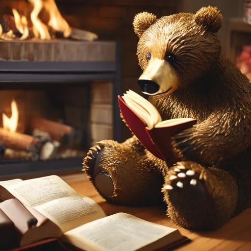 Prompt: a bear reading a book next to the fireplace 